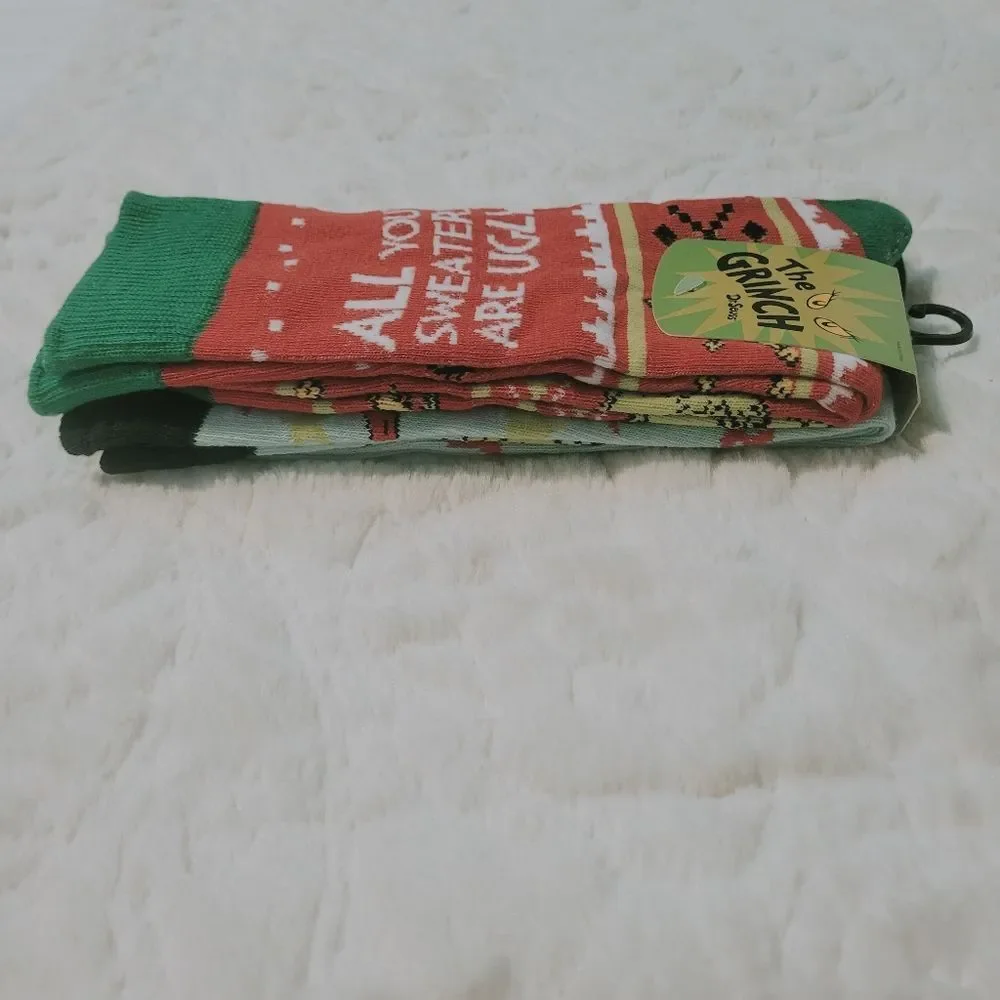 Bioworld Grinch Crew Socks 2 Pair Christmas Mens Sock Size 10-13 Shoes 8-12 New